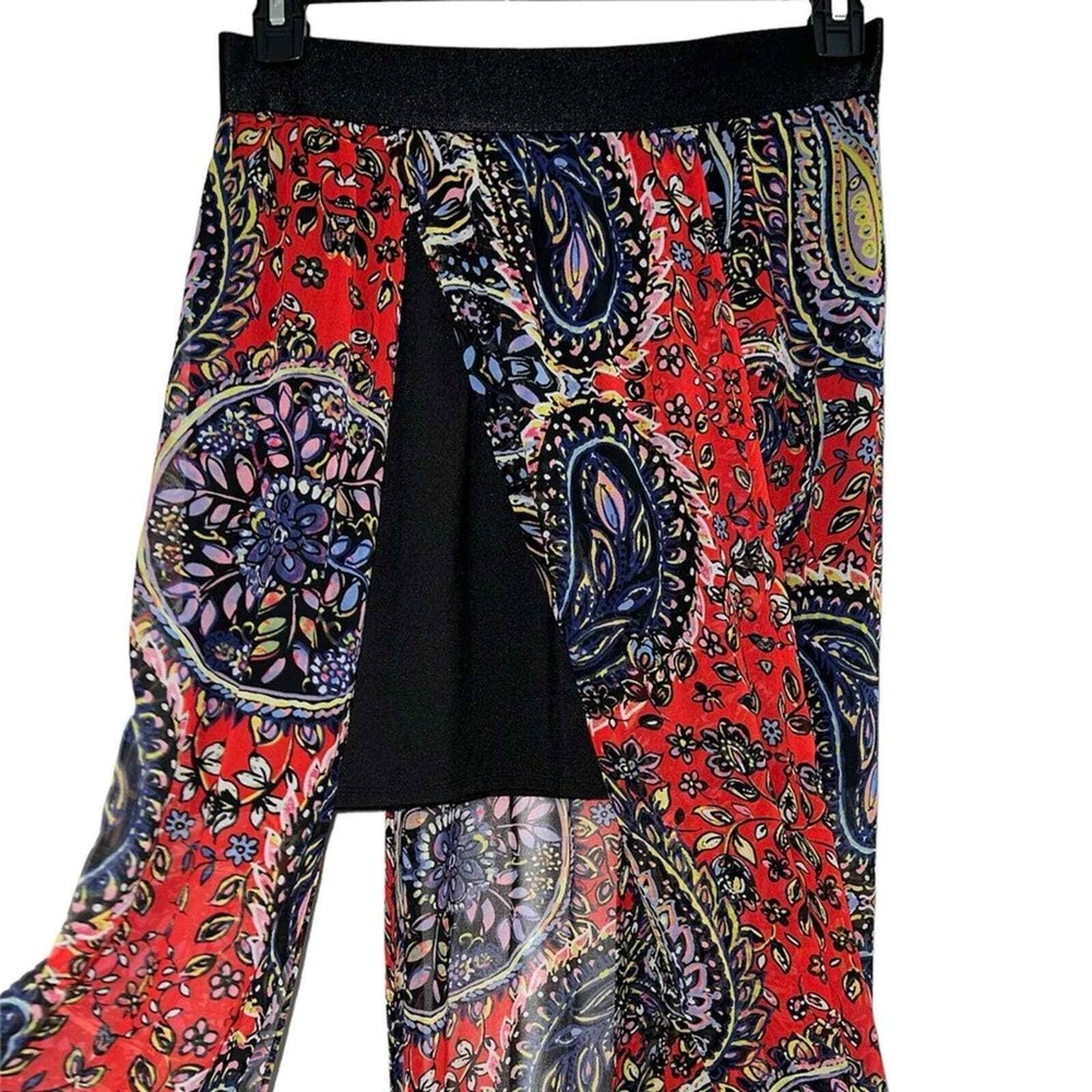 Bebe Paisley Maxi Skirt Womens Large Red Multi Sheer Overlay Lined Elastic Waist